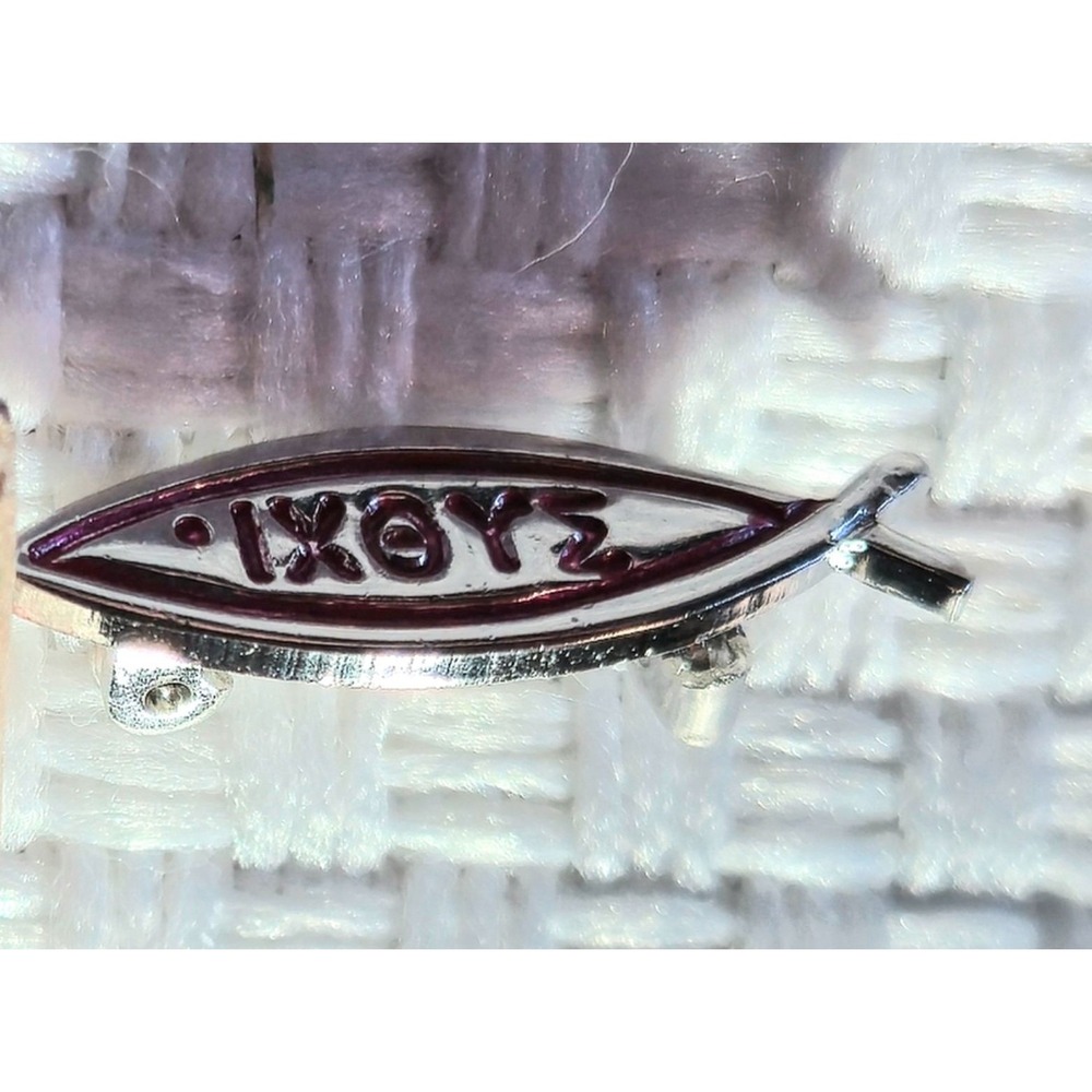 Vintage Jesus Fish Ichthys IXOYE Pin Silver Tone Red Enamel Christian Jewelry